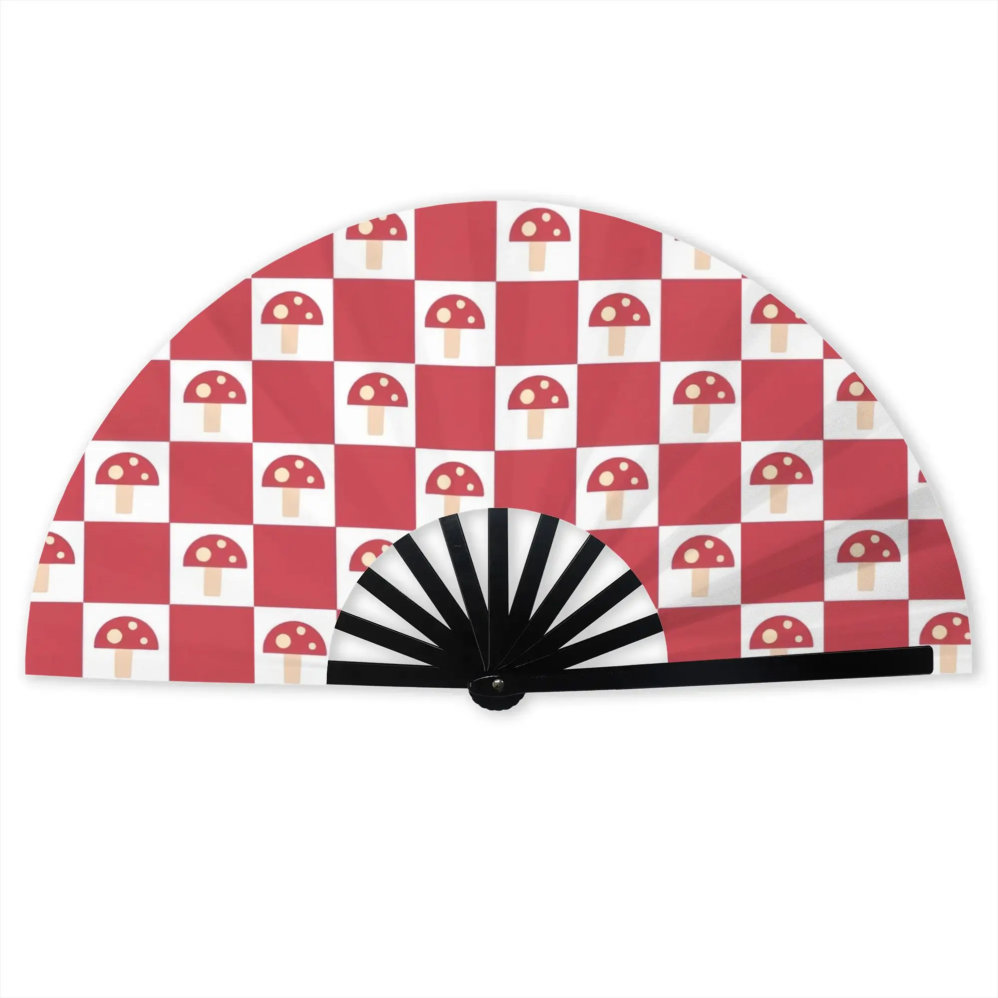 Red Mushrooms Checkered Folding Hand Fan  Polyester Fabric Fan Novelty Summer Accessory Decorative Fans