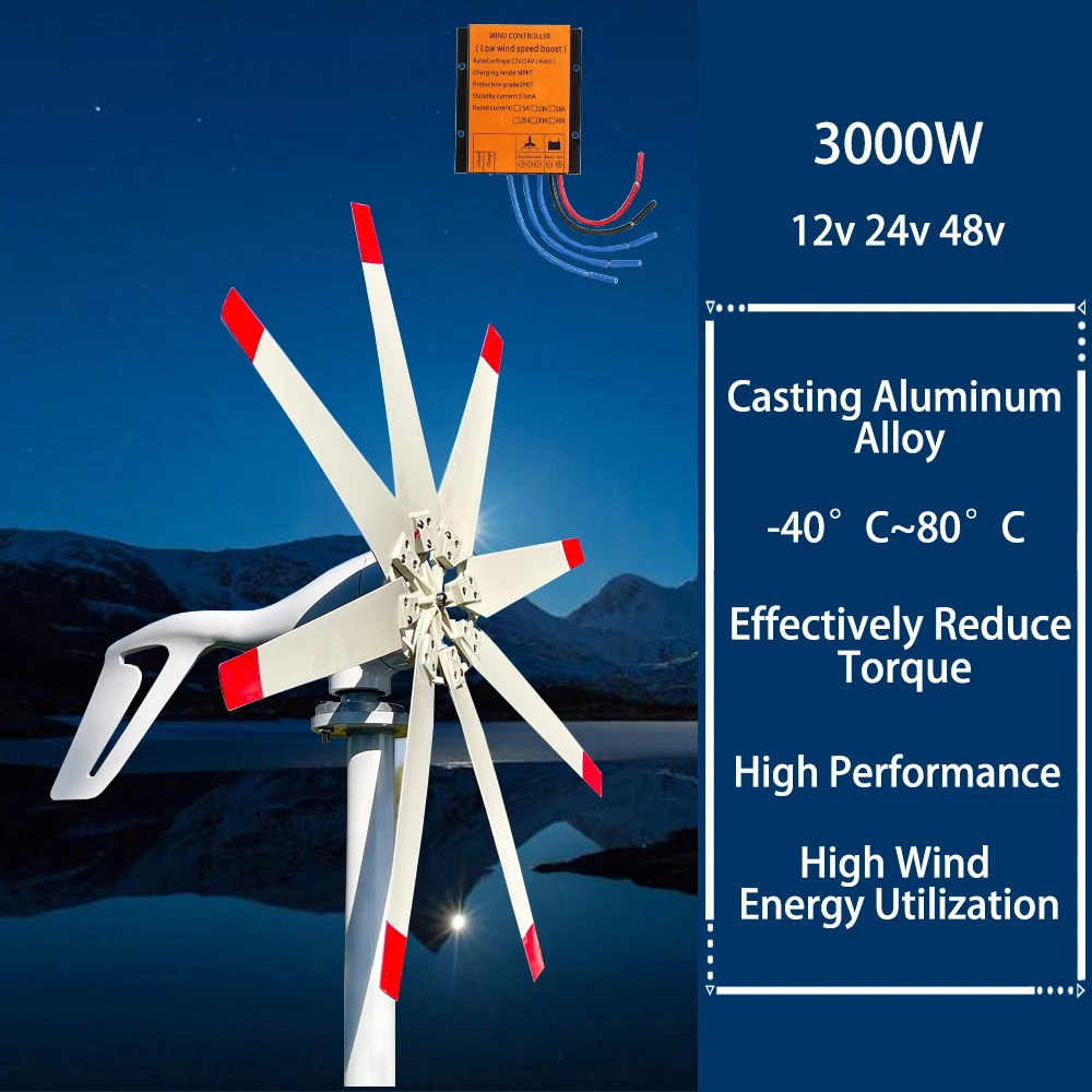 Home 1000W Wind Power Turbine Generator 5KW 12V 24V 48V 3000W 4KW Low Noise Upright Windmill for Farm Seashore Boat