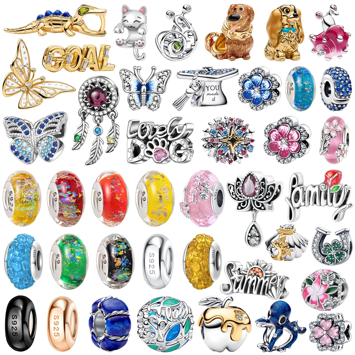 Hot Sale 925 Sterling Silver Butterfly Flower Four Leaf Clover Dog Silicone Colorful Glass Charm Beads DIY Women's Jewelry Gift