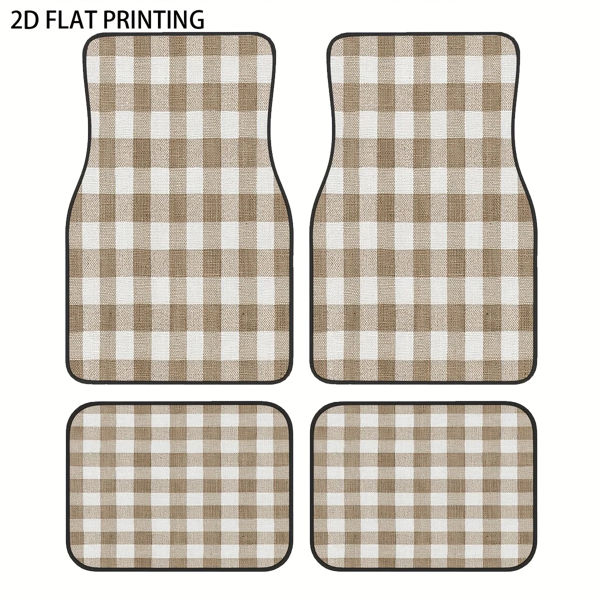 

4pcs Light Brown Minimalist Plaid Pattern Printed Car Floor Mats, Universal Material All-Season Weatherproof Vehicle Interior Pr