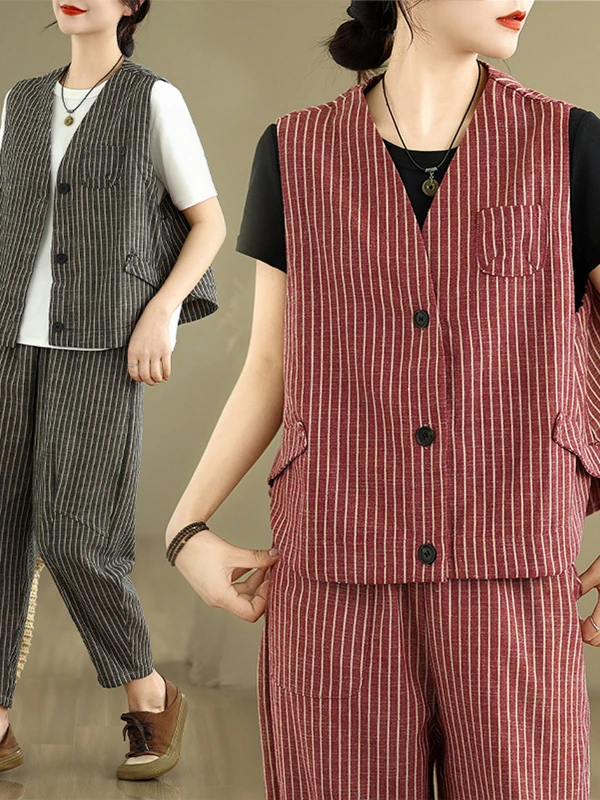 Casual Cotton Linen Stripe Set Loose Svel Vest Harlan Pants Two Piece Set Summer Faion Women's Ensemble V Ne Overhead