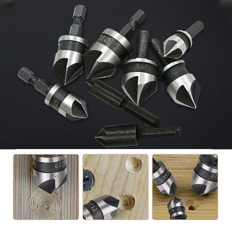 2/3pcs 12/16/19mm 5/7 Flute 90 Degrees Chamfer Drill Bit Set Wood Working Carbon Steel Drill Bit Cutter Countersink Drill Bit