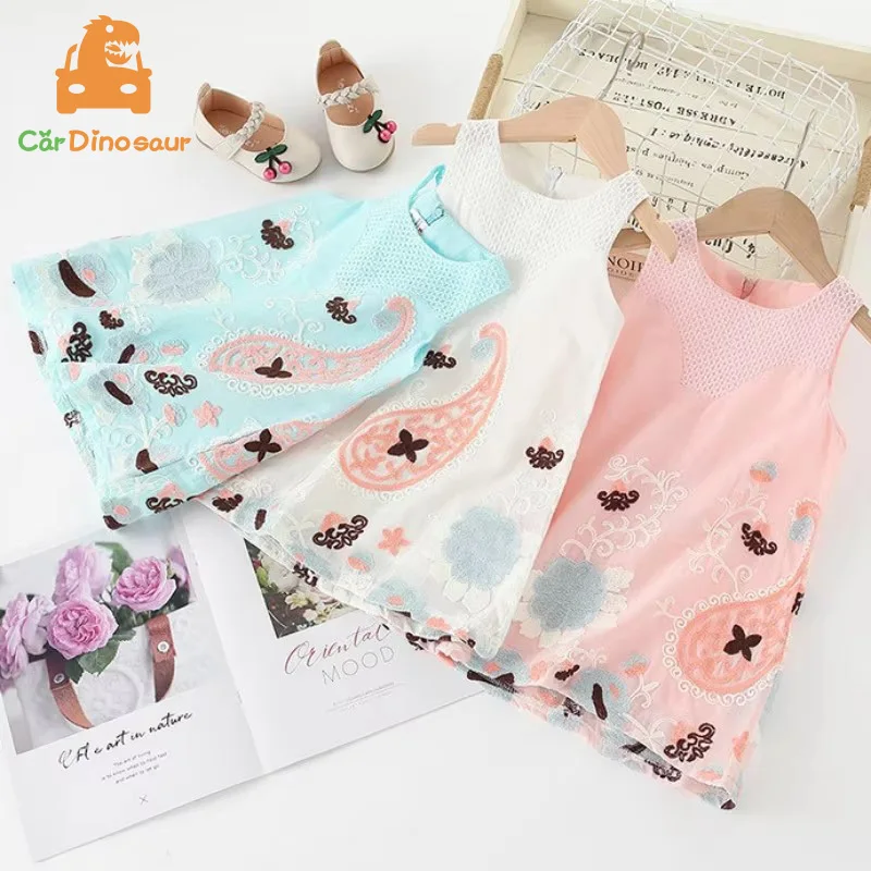 Summer Children's Gift 2-10 Years Girls Sleeveless Tank Dress Graffiti Embroidery Cotton Kids Fashion Birthday Dress