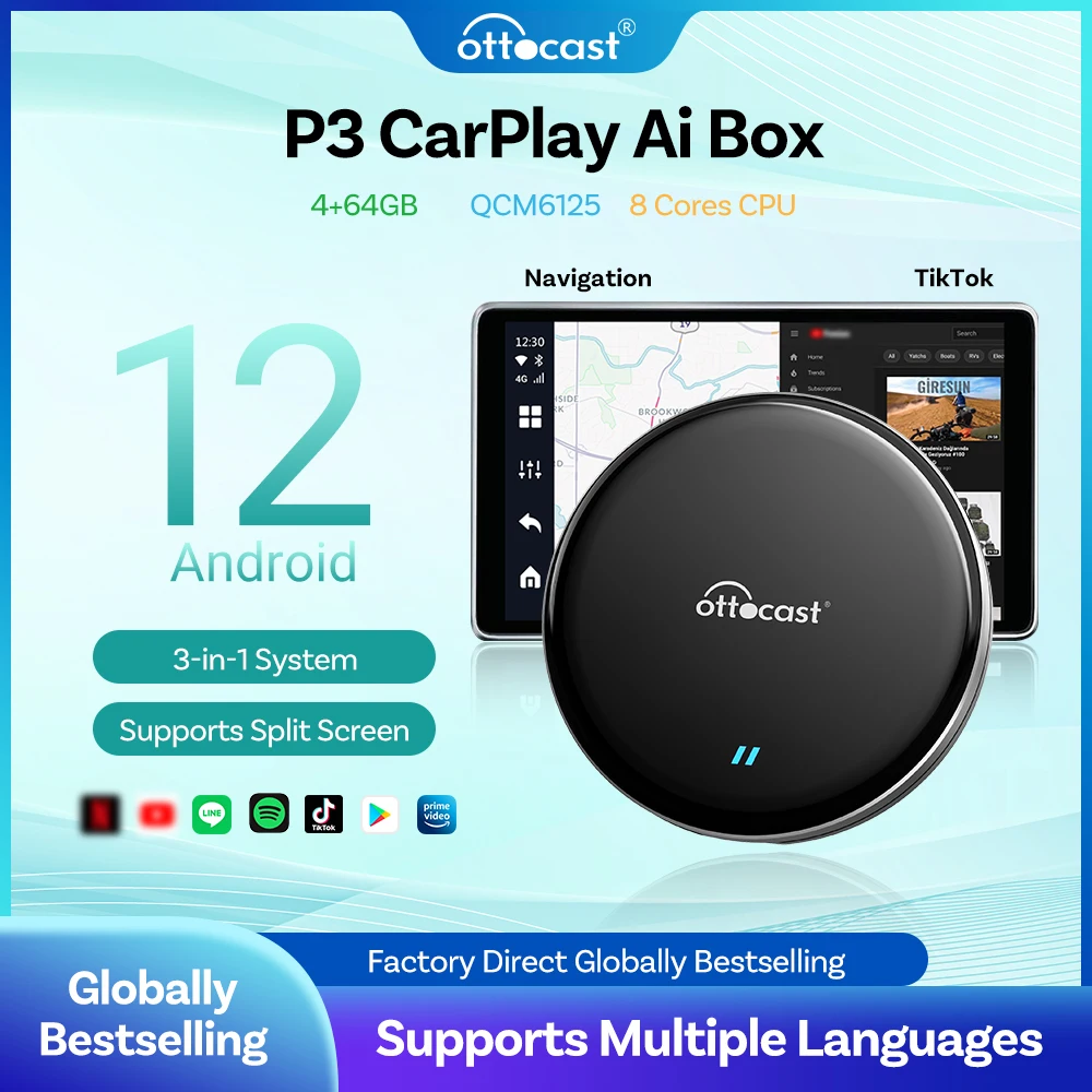 Ottocast sem fio carplay android adaptador automático p3 lite ai tv box qcm6125 8 núcleos android 12 acessórios do carro plug and play mais novo