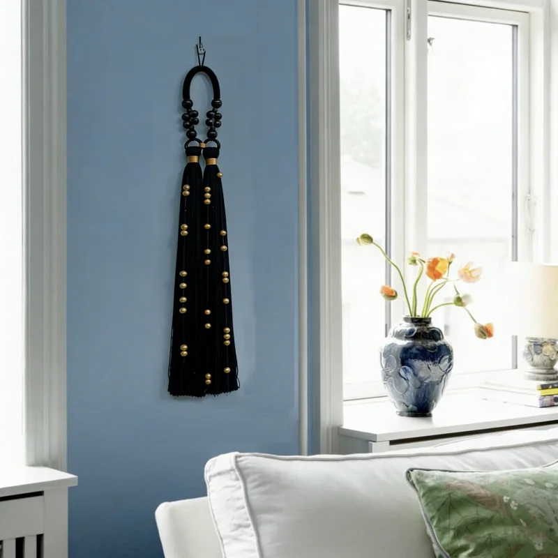 Luxury Black Macrame Tassel Wall Hanging Handmade Woven Boho Decor with Gold Beads Modern Boho Home Accent for Living Room