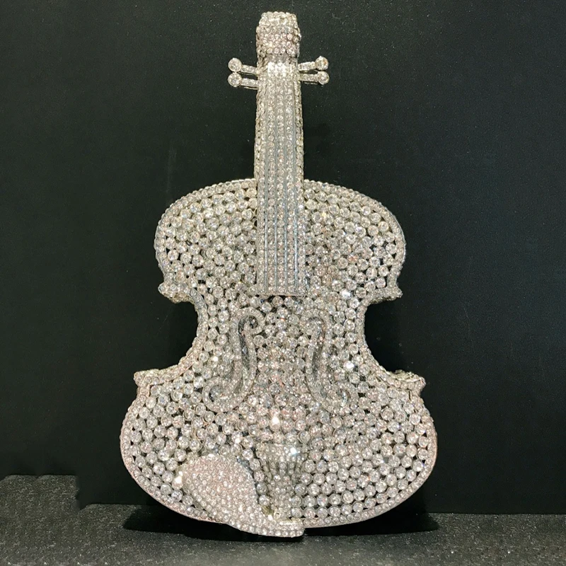 

Silver Violin Evening Clutches Champagne/Blue/Green Female Bling Purses Rhinestone For Wedding Formal Handbag Women Diamond Bag