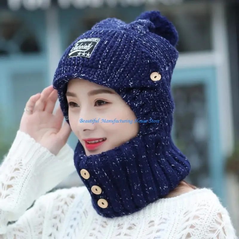 E56A Hooded Hat Scarf Wrap Knit Trapper Hat Women Fleece Lined Winter Hat Scarf Mask Set Winter Balaclava Fleece Hood Ski