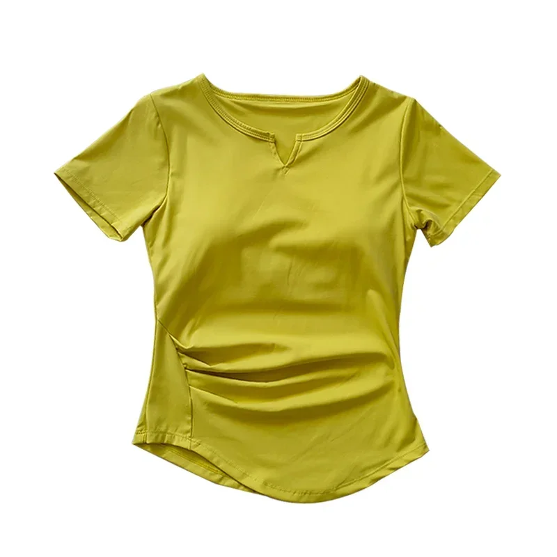 V 넥 넥타이 유방 패드 요가 정장 반팔 여성 체육관 여름 슬림 훈련 피트니스 탑 빠른 드라이 러닝 티셔츠 의류