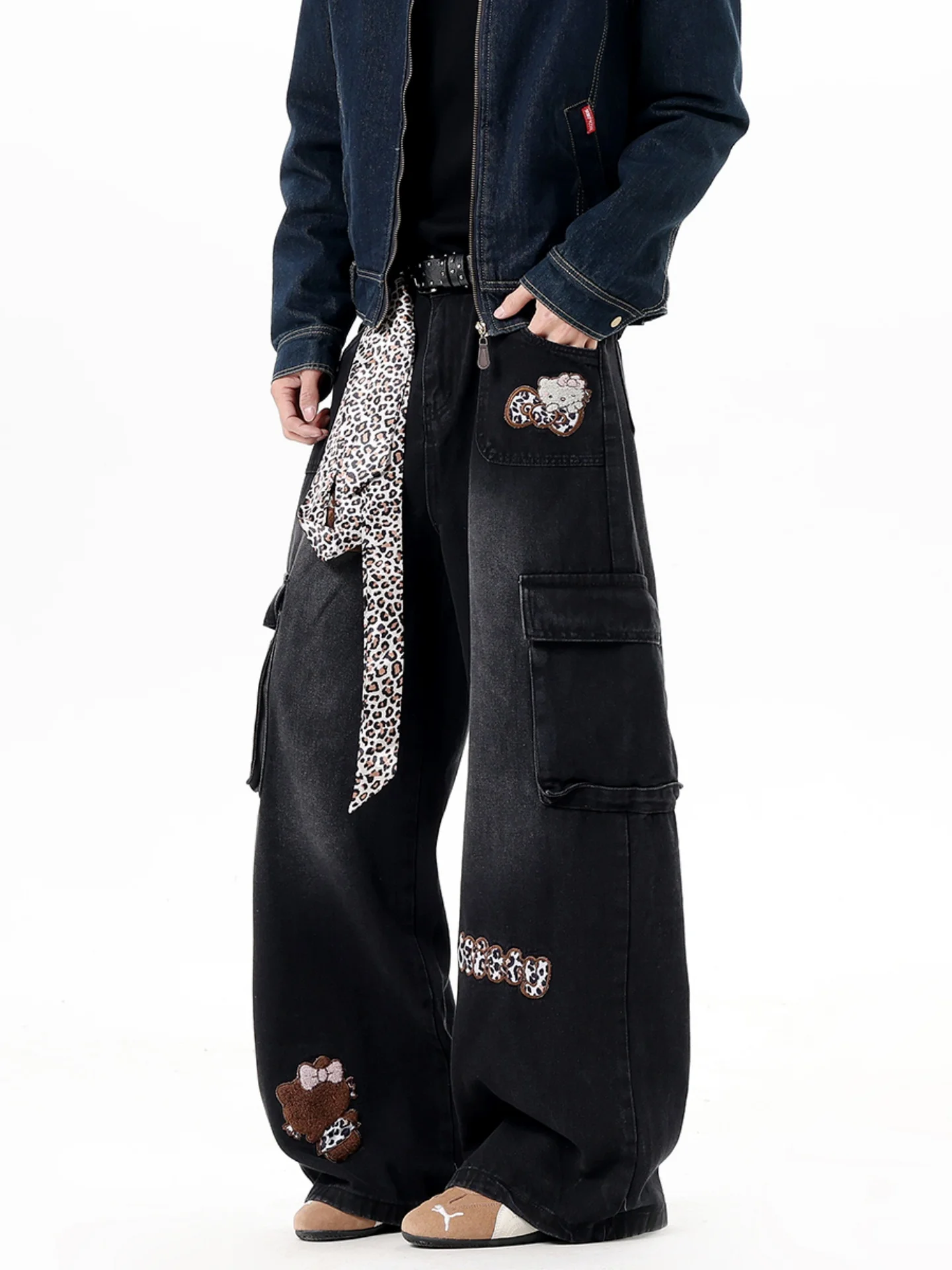 

Модные джинсы в стиле пэчворк, свободные широкие брюки, уличный стиль, мужской дизайн, вышивка, леопардовый принт, повседневные джинсы