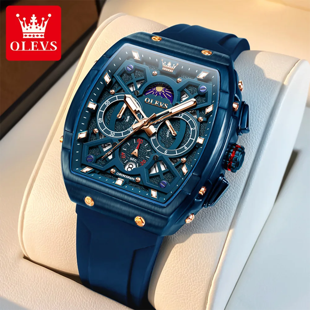 

OLEVS 2942, мужские часы с автоматическим календарем, водонепроницаемые светящиеся часы с фазой Луны, лучший бренд Tonneau, большой циферблат, полые мужские кварцевые часы