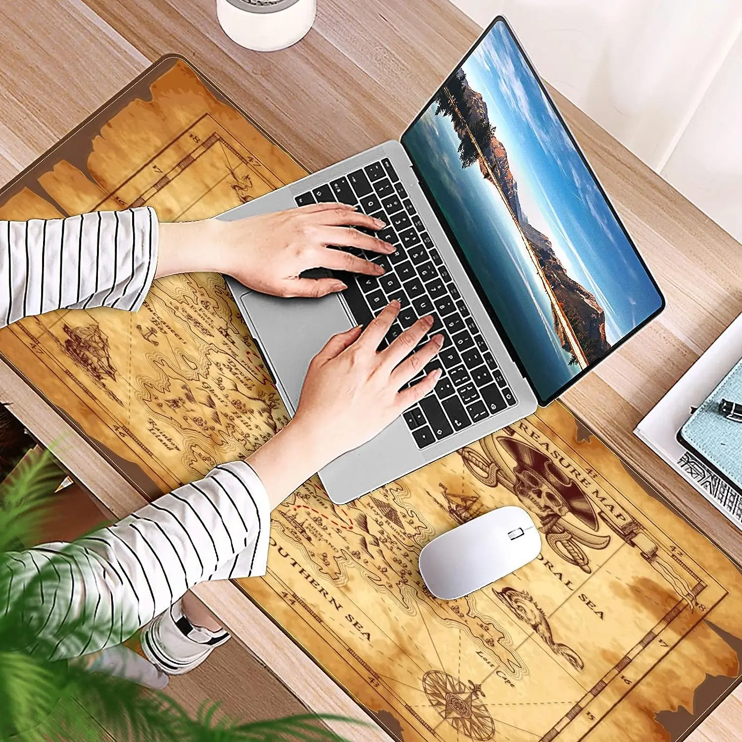 Nautical World Map Pirate Mouse Pad Non-Slip Rubber Mouse Pad with Stitched Edges Waterproof Mouse Mat for Office 35.4" x 15.7"