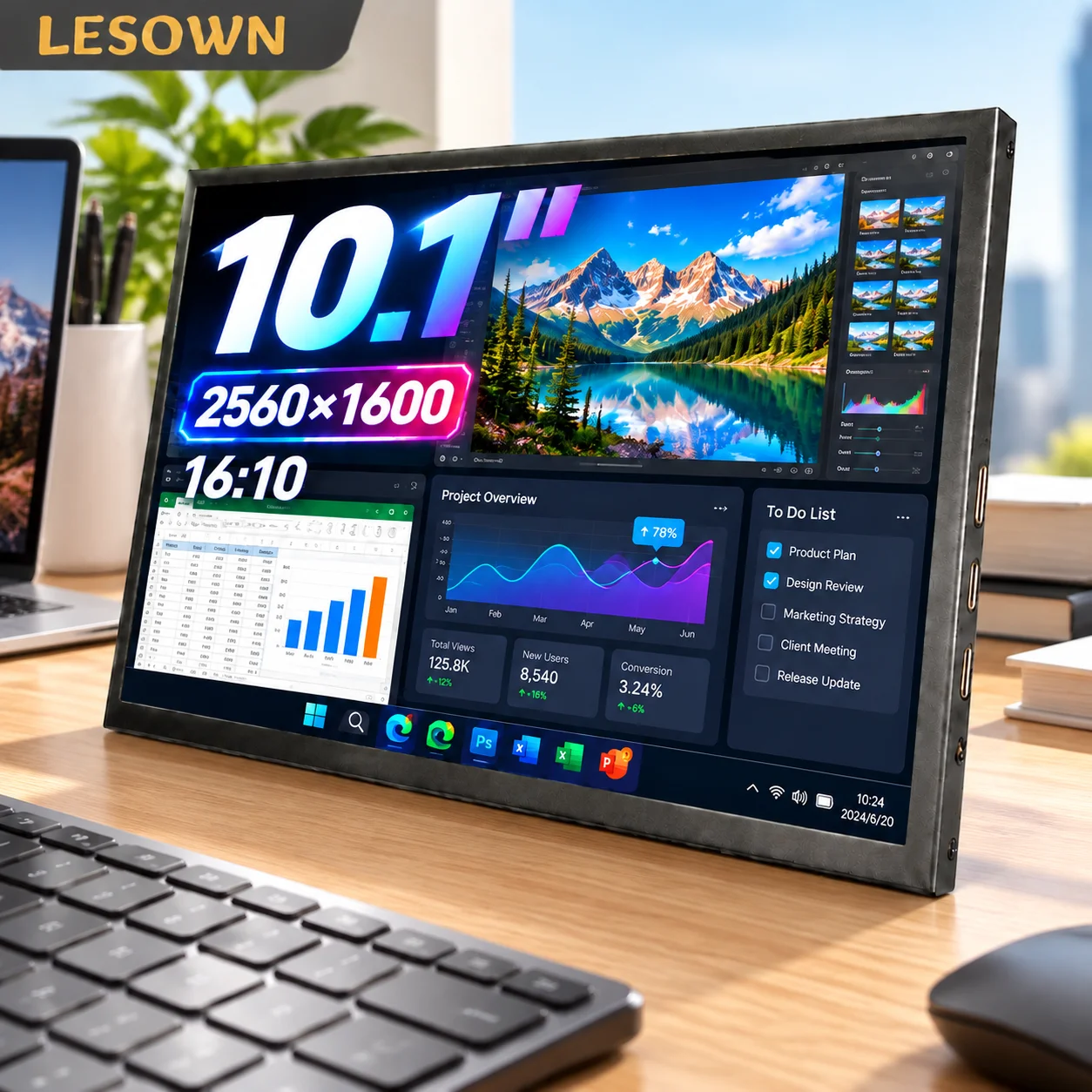 LESOWN 10.1 /13.3 Inch 2560x1600 LCD Monitor 16:10 60Hz Mini HDTV Type-C with Speakers VESA 75 for Laptop Second Screen