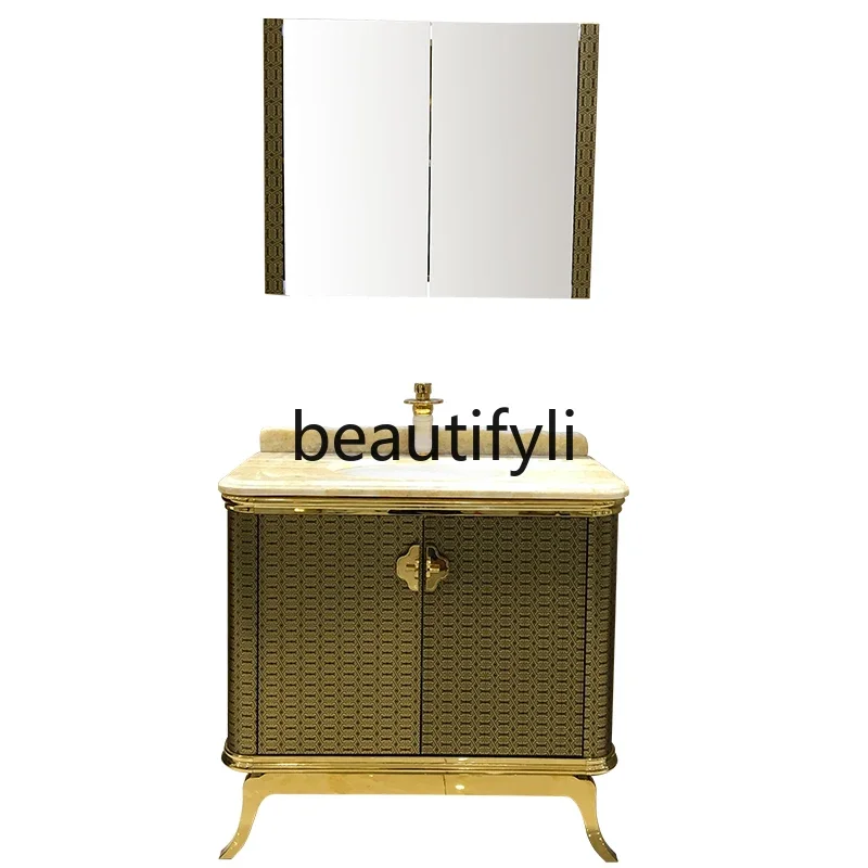 

ss26 Toilet bathroom cabinet combination stainless steel washbasin natural marble mirror cabinet