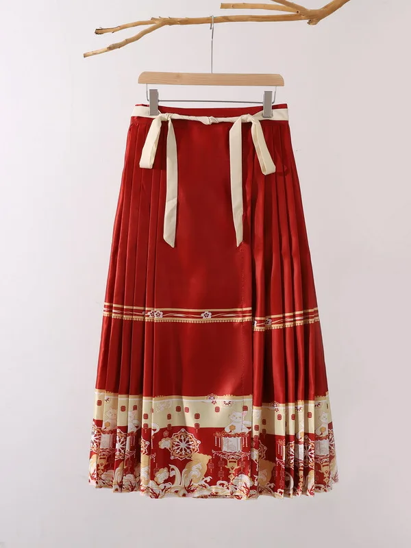 

Новая модная женская юбка миди класса люкс, красная, в китайском стиле, с поясом, с узлом, с завышенной талией, для повседневной носки