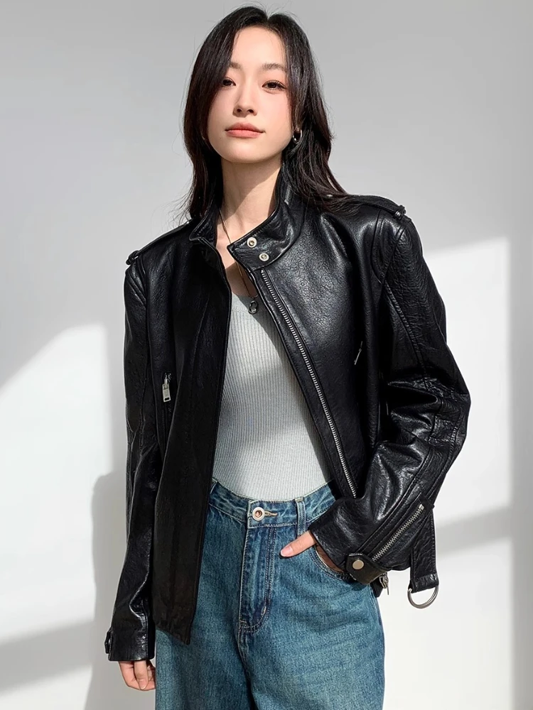 Black Short Genuine Leather Motorcycle Jackets for Women Spring Autumn High-end Simple Bubble Real Sheepskin Coat with Belt