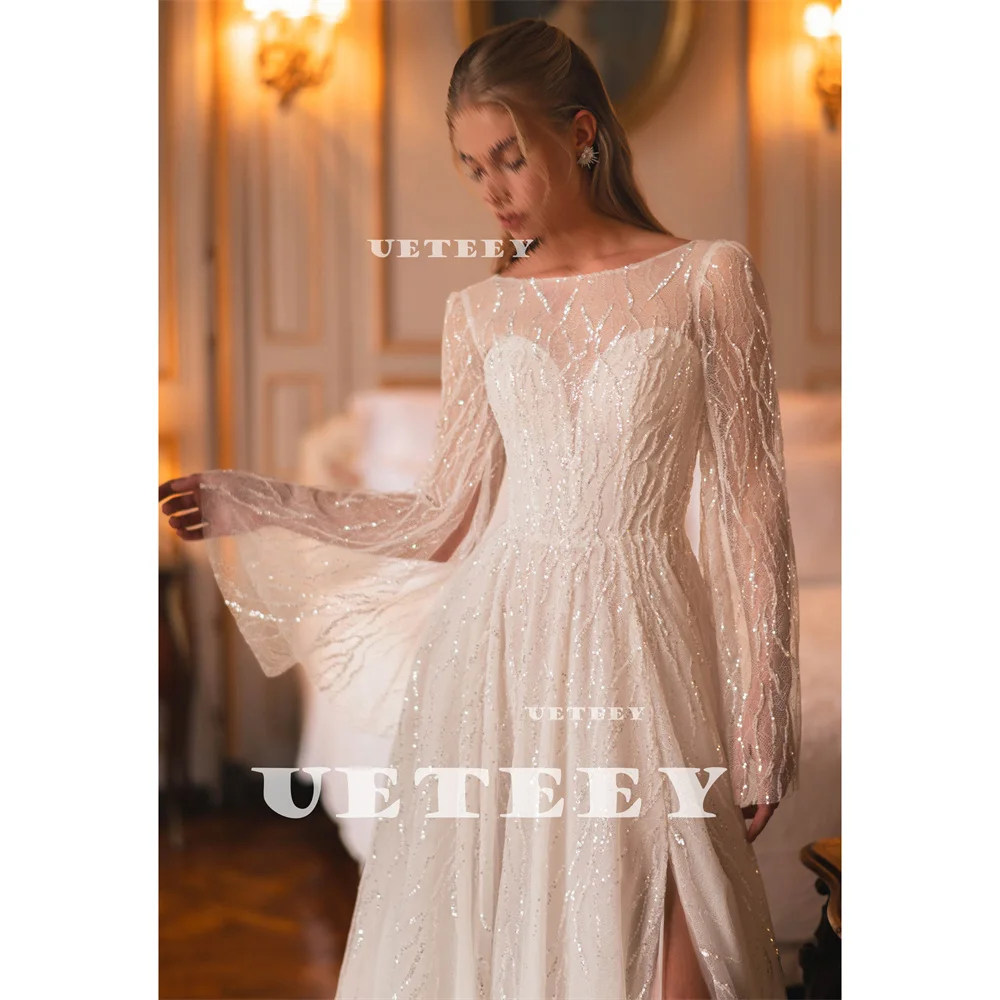 UETEEY Customized Luxury Shiny Lace O Neck A Line Wedding Dress Long Sleeves Zipper Back High Side Slit Court Train Bridal Gown