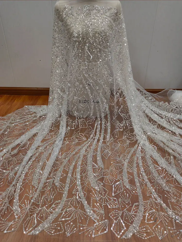 

Embroidered Sequin Beaded Wedding Dress Fabric Silver Rhombus DIY Bridal Gown Luxury Material