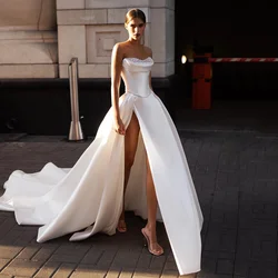 Sexy Beach Wedding Dresses Customized Pearls Beaded Wedding Gowns Satin High Slit Pleated Couture Bridal Dress Robe de Mariee