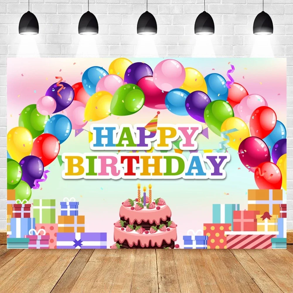 

Happy Birthday Cake Balloon Party Backdrop Gift Birthday Cake Table Background Rainbow Sweet CandyDecor Banner Photography Props