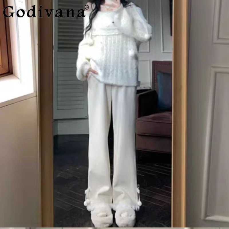 Large Size Women Autumn Winter Fleece Thickened Hairball Bow Knitted Wide-leg Pants Fashion Leisure Apricot Straight-leg Pantses