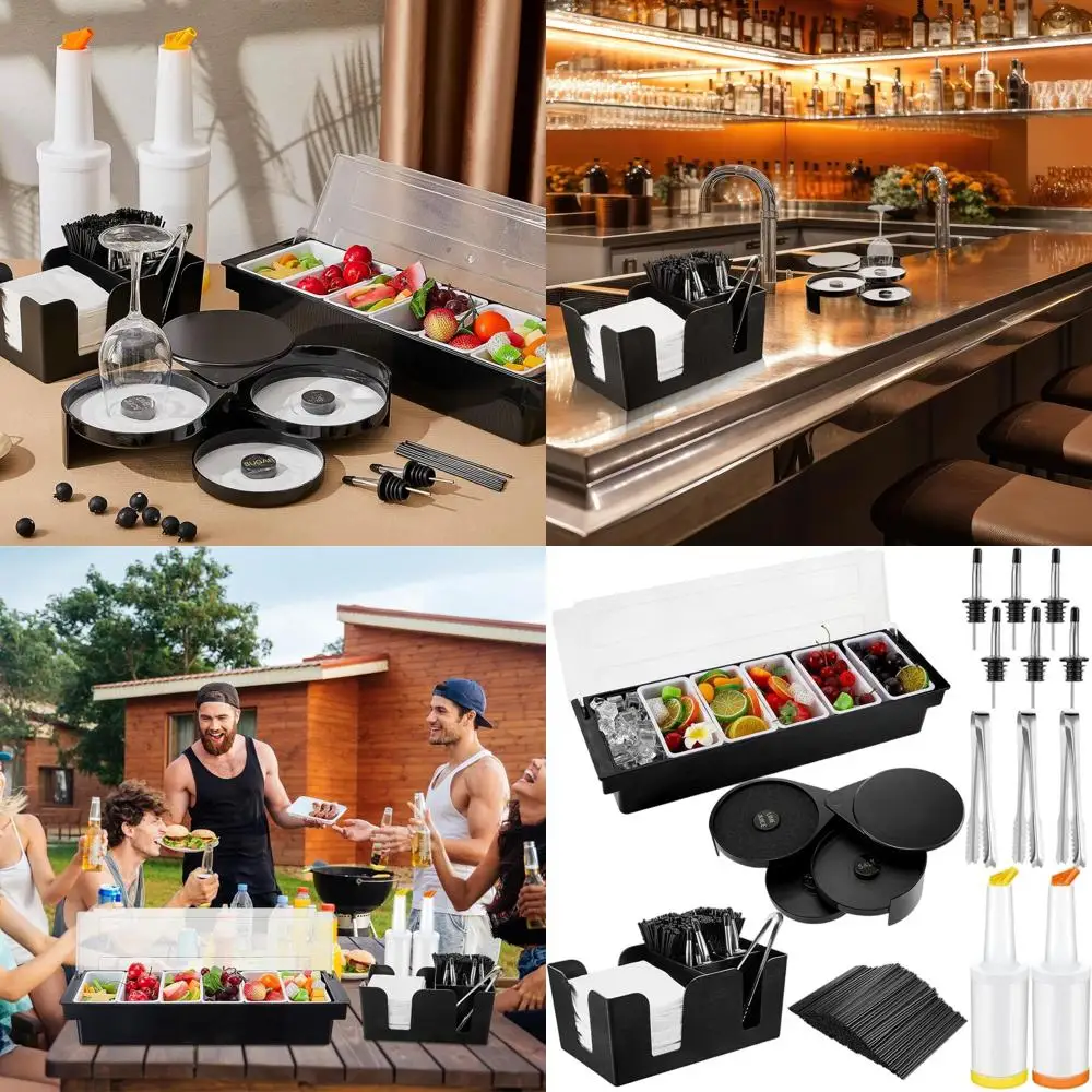 

3-х уровневый стеклянный поддон с крышкой, разливателями из нержавеющей стали, пластиковыми соковыжималками, коктейльными соломинками и сервировочными щипцами