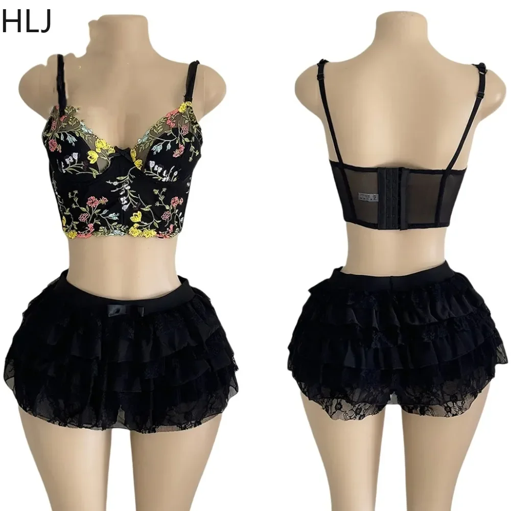 HLJ Y2K Ruched Skirts Two Piece Sets Women Embroidery See Through Corset Crop Top And Skirts Shorts Outfits Fashion Streetwear