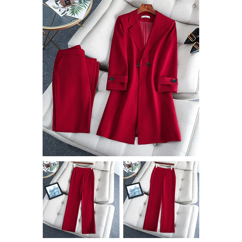 2022 Winter High-end Women\'s Business Suit Pants Two-piece Set Temperament Slim Solid Color Lady Double Breasted Trench Coat