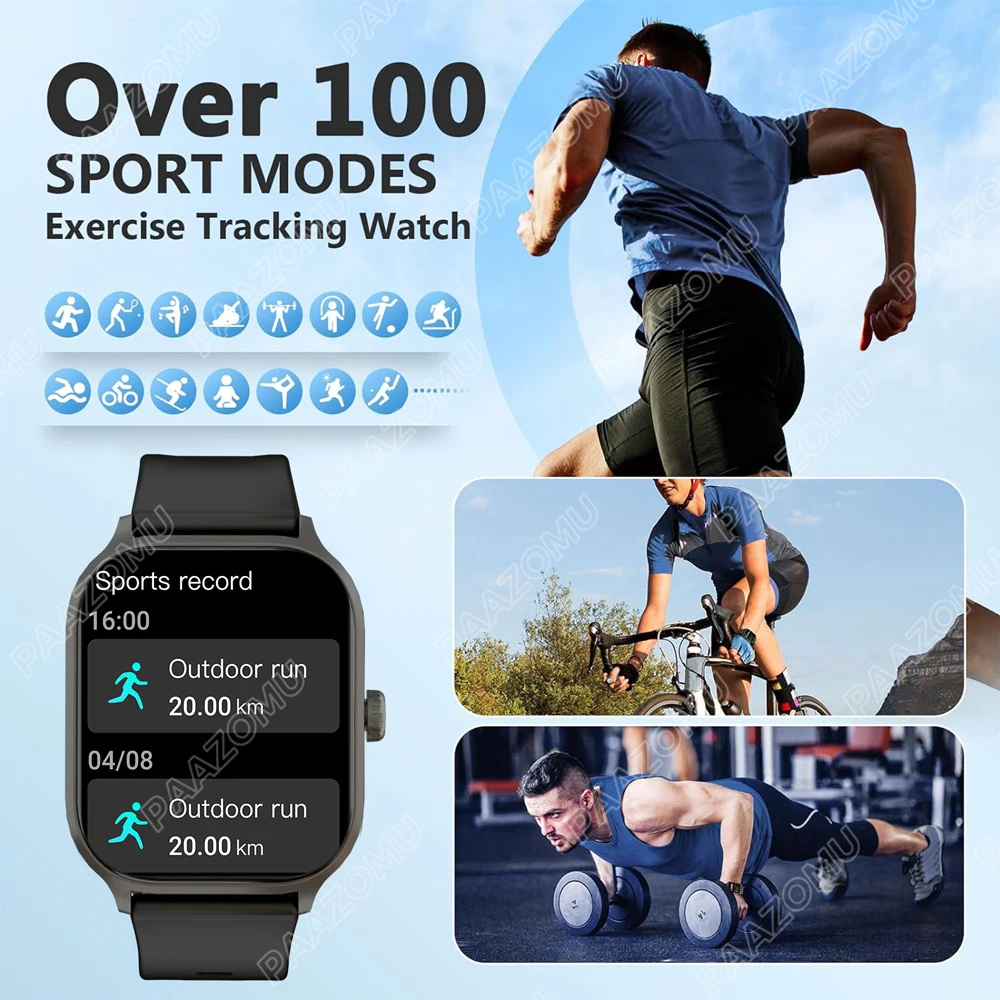 Relógio inteligente para homens e mulheres, rastreador de fitness, monitor de freqüência cardíaca, smartwatch à prova d'água IP68, Android, iPhone, 100 + modo esportivo, 2,01"