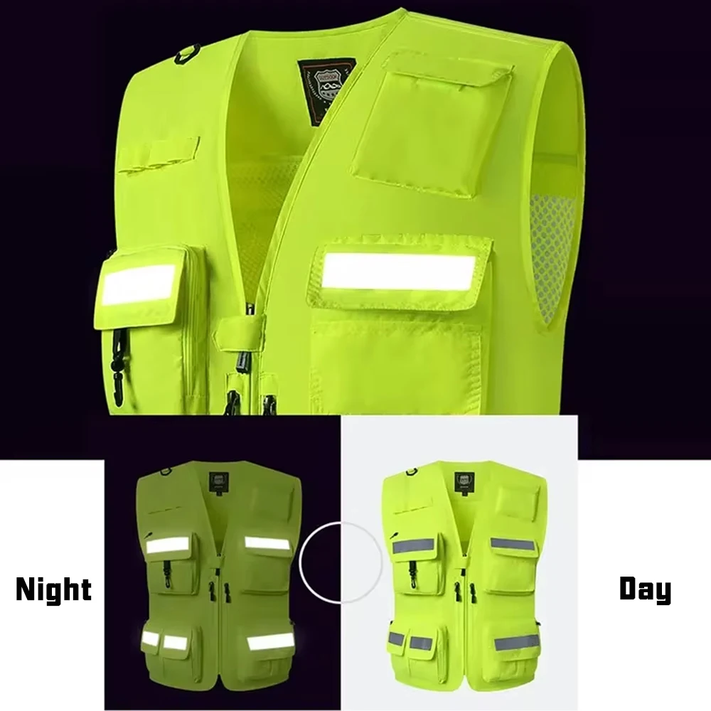 Colete de segurança reflexivo de alta visibilidade malha respirável multi bolso colete fluorescente hi vis colete luminoso ao ar livre workwear