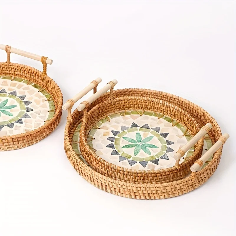 Vietnamese Rattan Woven Tray with Colorful Seashells - Snack, Fruit, Dessert Serving Basket | Boho Beach Style Home Dec