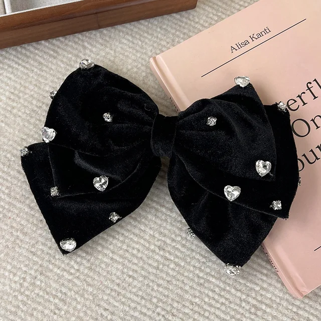 Luksusowa kokardka miłość Rhinestone spinki do włosów moda czarne aksamitne duże spinki do włosów dla kobiet dziewczynki słodki temperament Barrettes nakrycie głowy