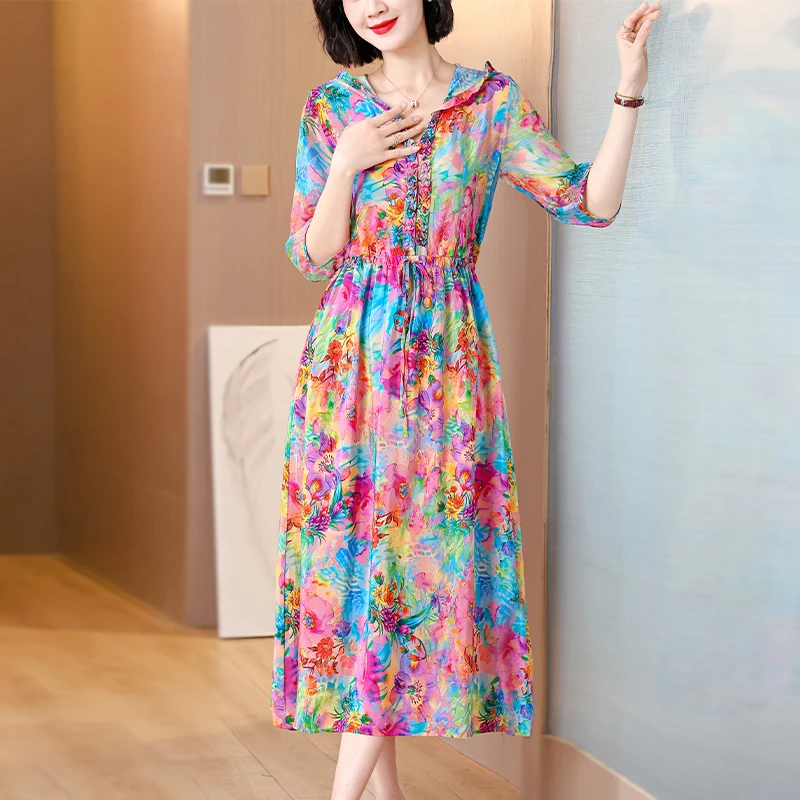 

ZUOMAN Summer Casual 4XL Plus Size Floral Satin Sundress Elegant Print Mulberry Silk Beach Dress 2024 Women Bodycon Party Vestid