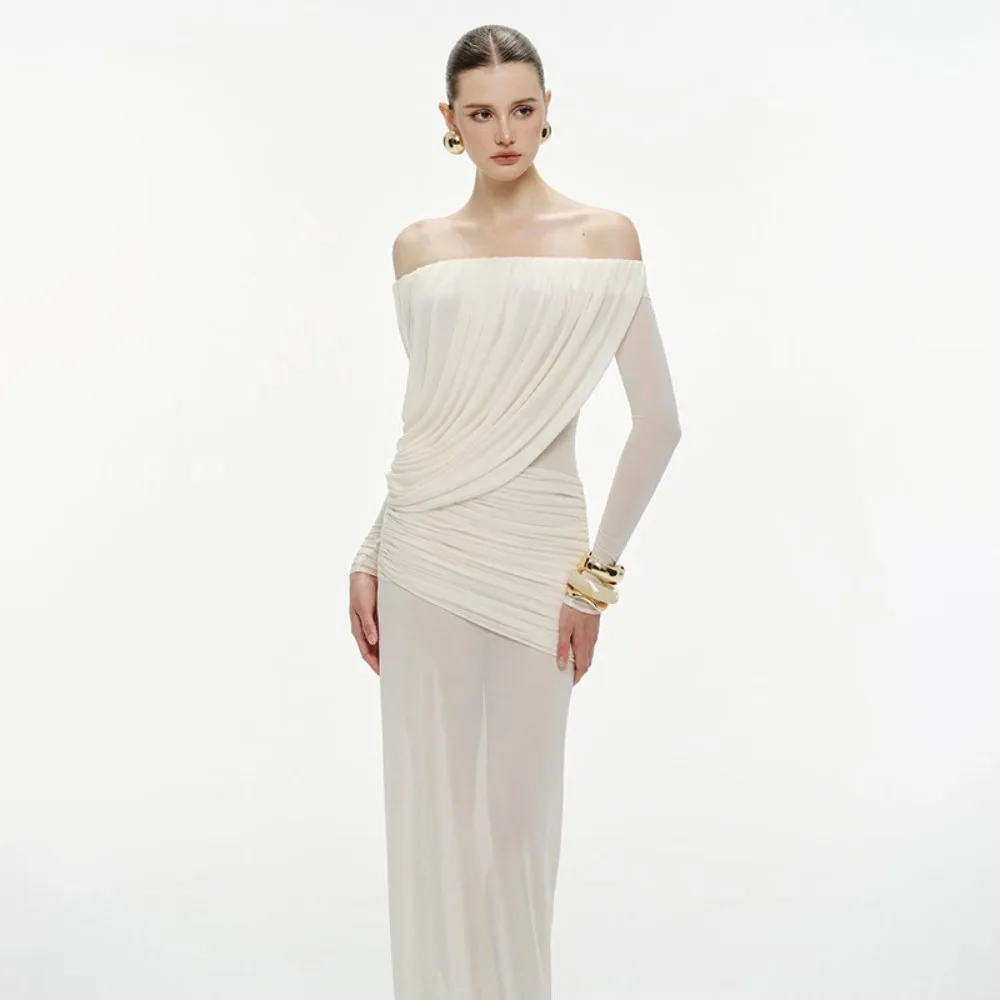 TWOTWINSTYLE – robe Maxi en maille transparente pour femmes, col Slash, manches longues, taille haute, Patchwork, plis, robes amincissantes, nouvelle collection