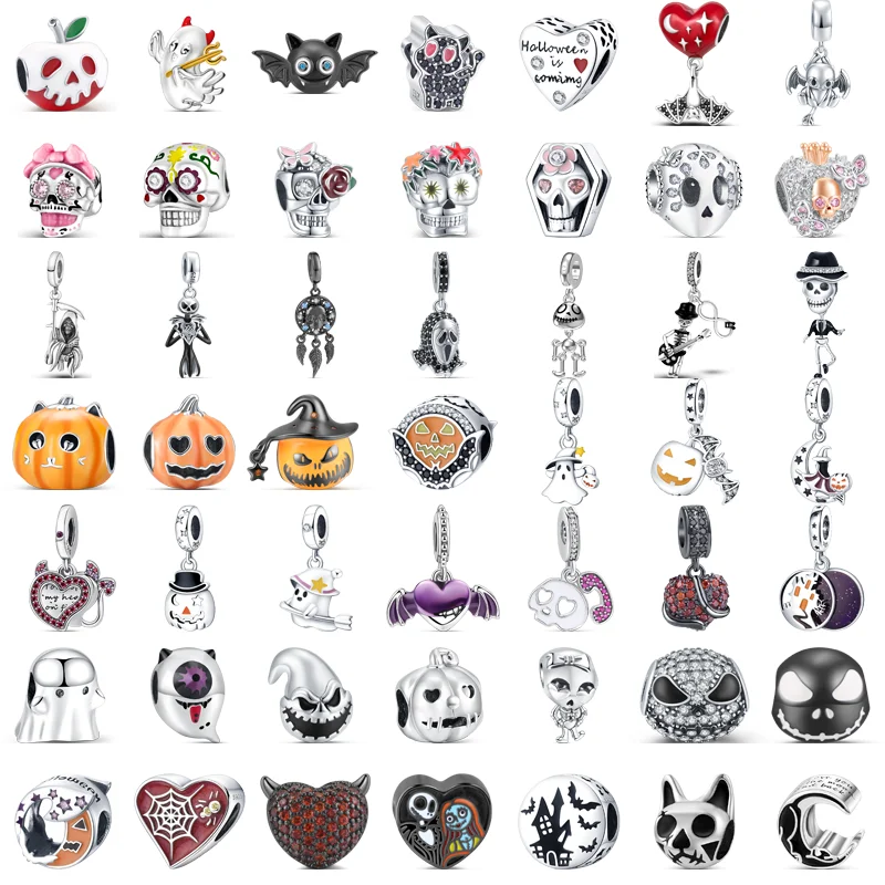 

925 Silver Black Moon Bat Pumpkin Skeleton Castle Ghost Halloween Beads Fit Pandora Charms Bracelet All Saints' Day Jewelry Gift