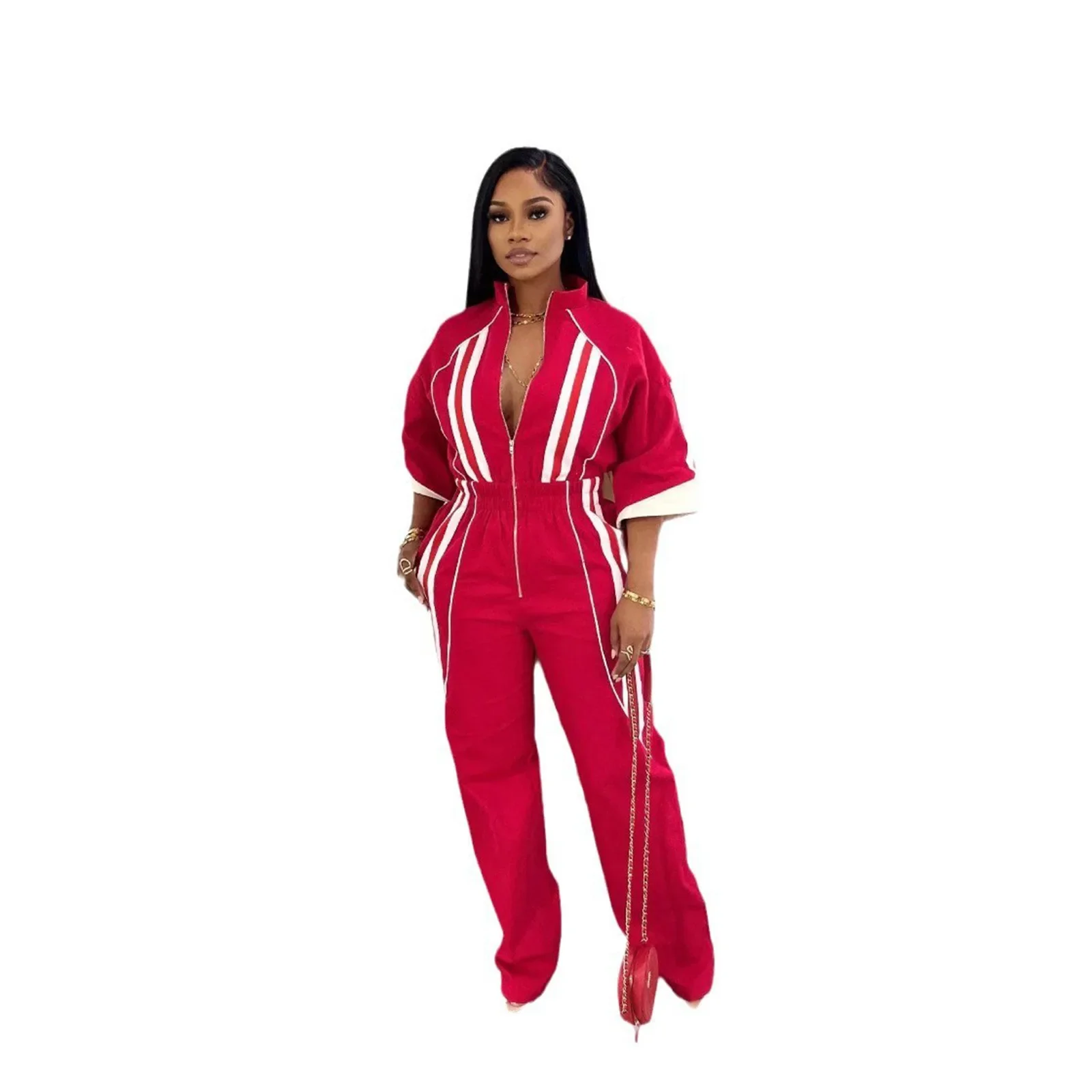 Jumpsuits Women Stand Collar Zipper One Piece Full Sleeve Overalls Wide Leg Long Pants High Waist Rompers Y2k Streetwear 2025
