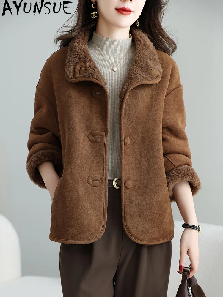 معطف صوف 100% من AYUNSUE للنساء 2025 جاكيت للدراجات النارية سترات شيرلينغ الأغنام ملابس شتوية فرو نسائي متكامل