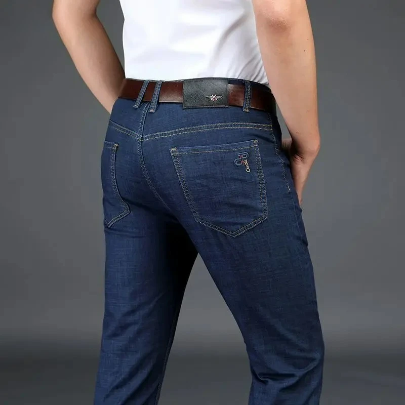 

Мужские классические прямые джинсы, удобные эластичные брюки из денима для делового повседневного стиля, корейская мода, осенние повседневные брюки
