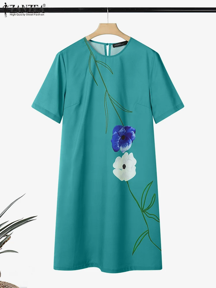 ZANZEA Flower Printing Day Wear Knee-Length Dresses Summer O-Neck Short Sleeve Womens T-Shirt Robes Femme Casual Short Vestidos