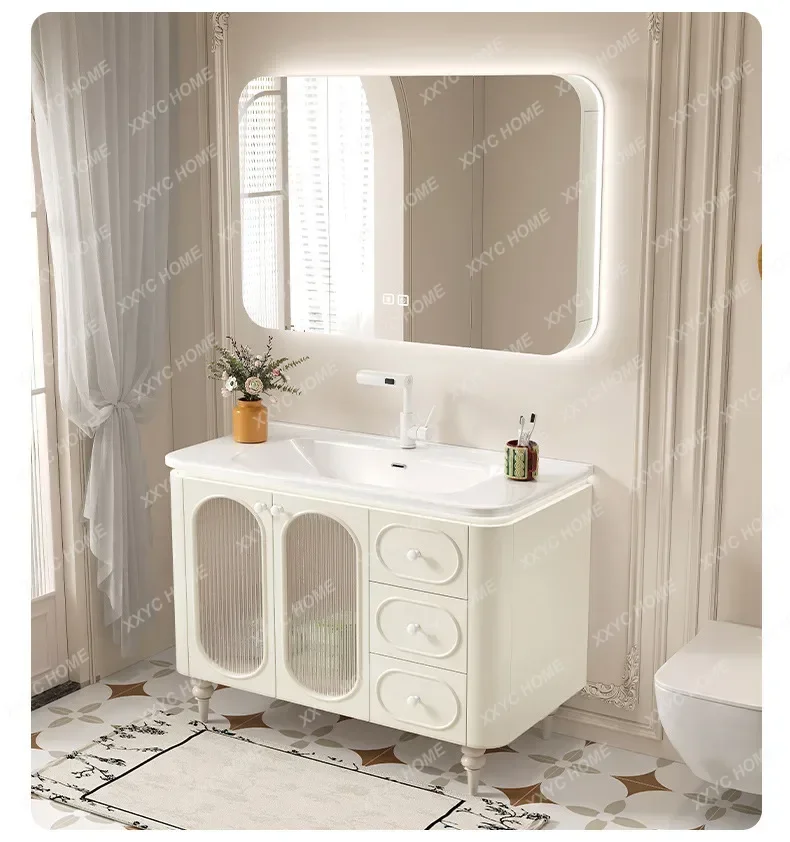A Modern Minimalist White Bathroom Cabinets Ceramic Integrated Basin Solid Wood Floor Vanity Cabinet with Sink Bathroom