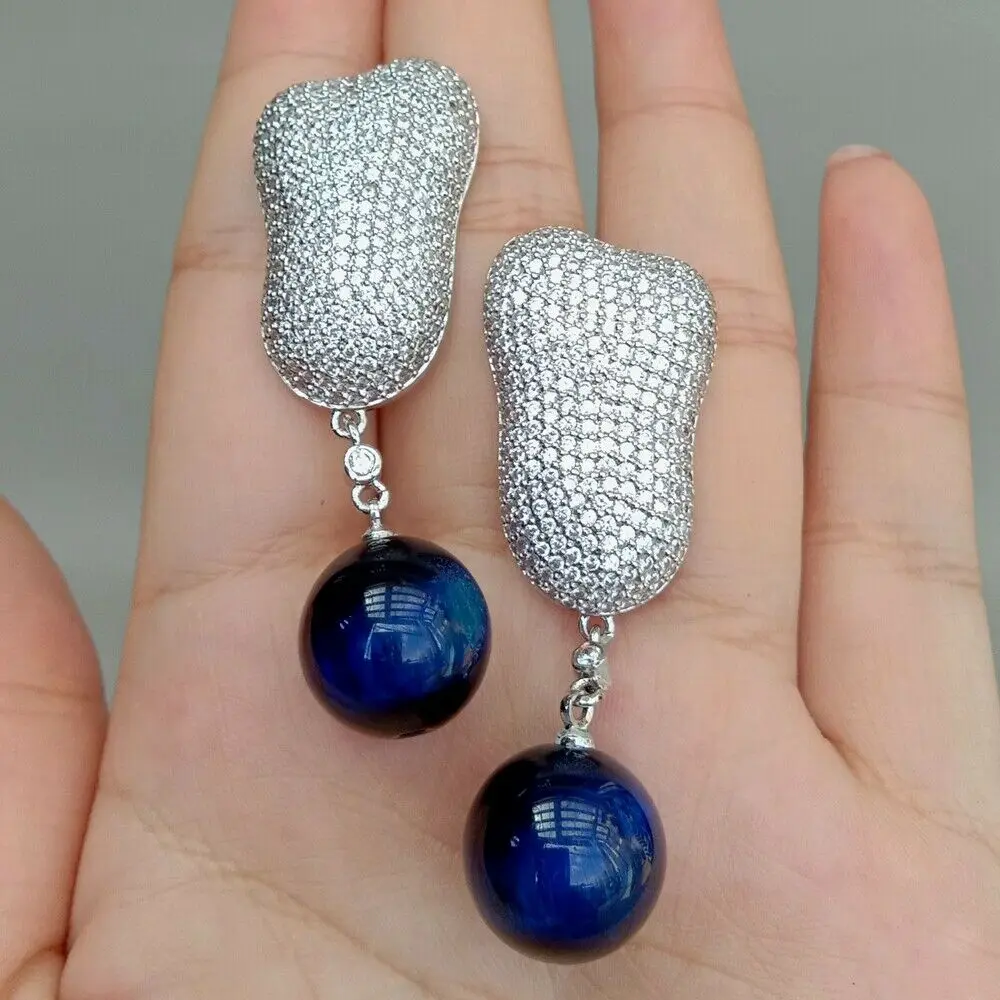 

White Gold Plated Cz pave Blue Round Tiger Eye Stud Earrings