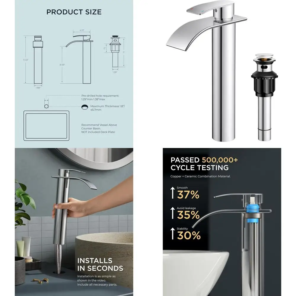 صنبور حوض السفن بمقبض واحد من الكروم مع تصريف معدني، طويل القامة، خالي من الرصاص، فتحة واحدة للحمام أو السفن #1