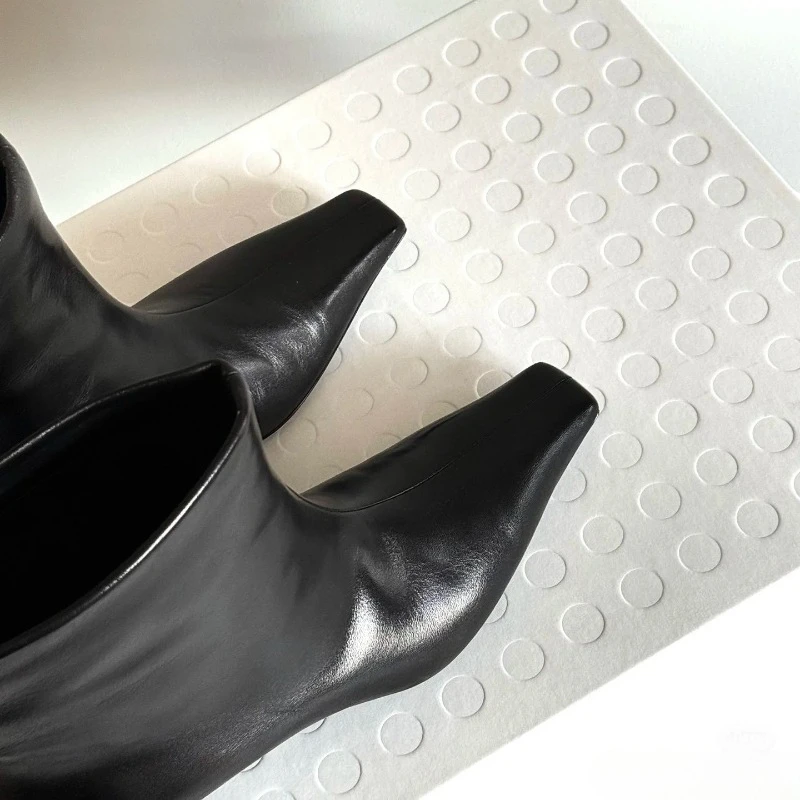 Women\'s Ankle Boots Stiletto Heels 2025 Autumn Winter Shoes Square Toe Cat Heel Mid-calf Boots Black  Leather Nude Boots