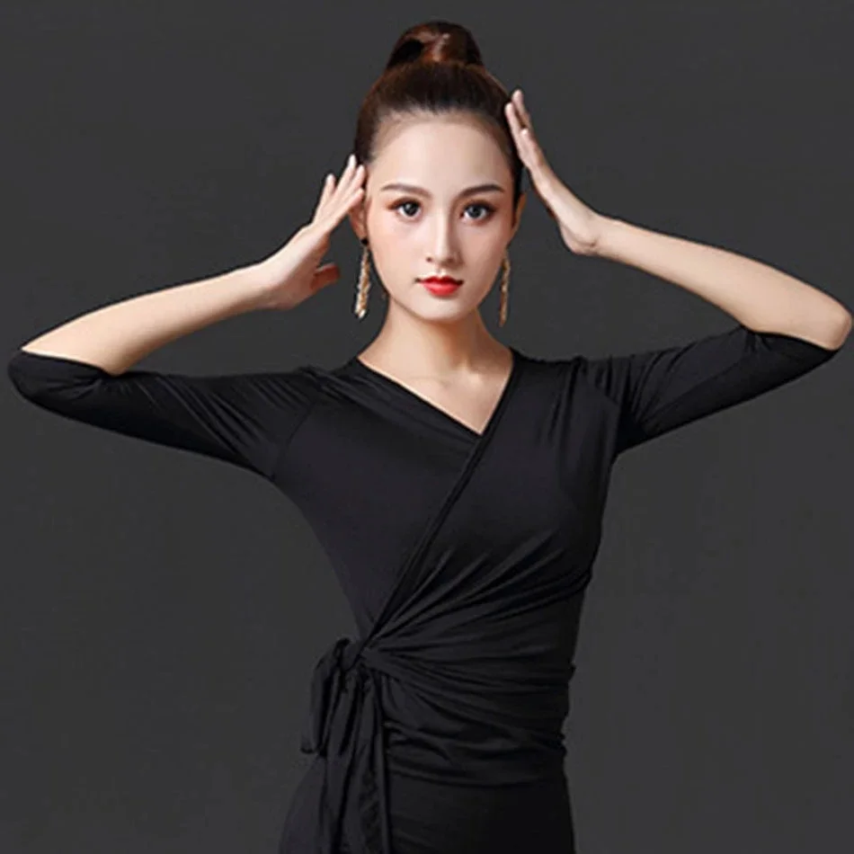 Vrouwelijke Diepe V-riem Ballroom Dans Kostuum Doek vrouwen Tango Chacha Oefenshirt Dame Halve Mouwen Latin Dansen Tops