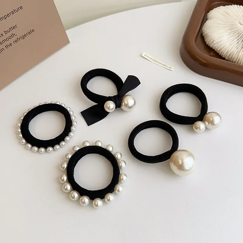 

5pcs Fashionable and simple pearl hair tie, small fragrance, high elasticity head rope, thick and seamless scalp band