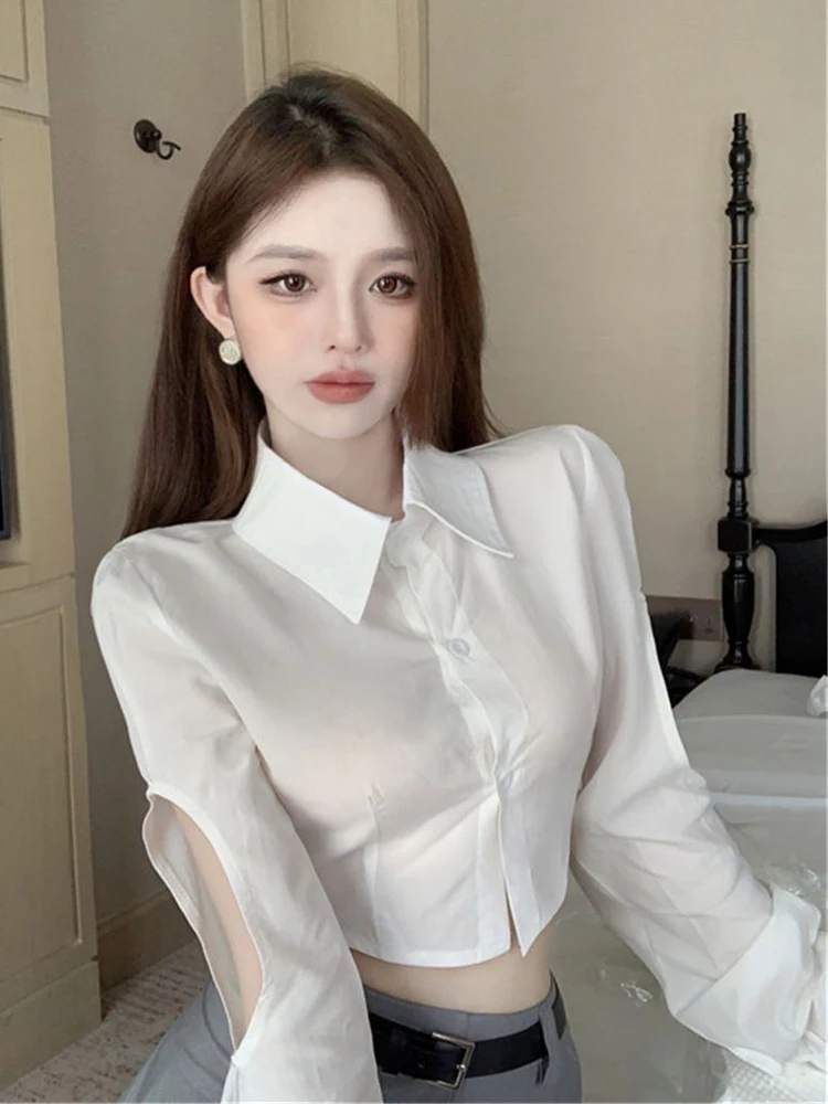 

2025 Summer Korea Style Women Long Sleeve Women White Shirt Sexy Hollow Out Button Up Crop Tops Turn-Down Collar Blouse Clothing