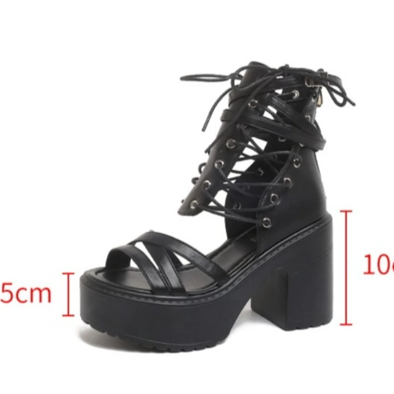 Summer Women Platform Gladiator Sandals Open Toe Lace Up Block Heel Ankle Boots Gothic Punk Shoe Party Club Sandalias For Woman