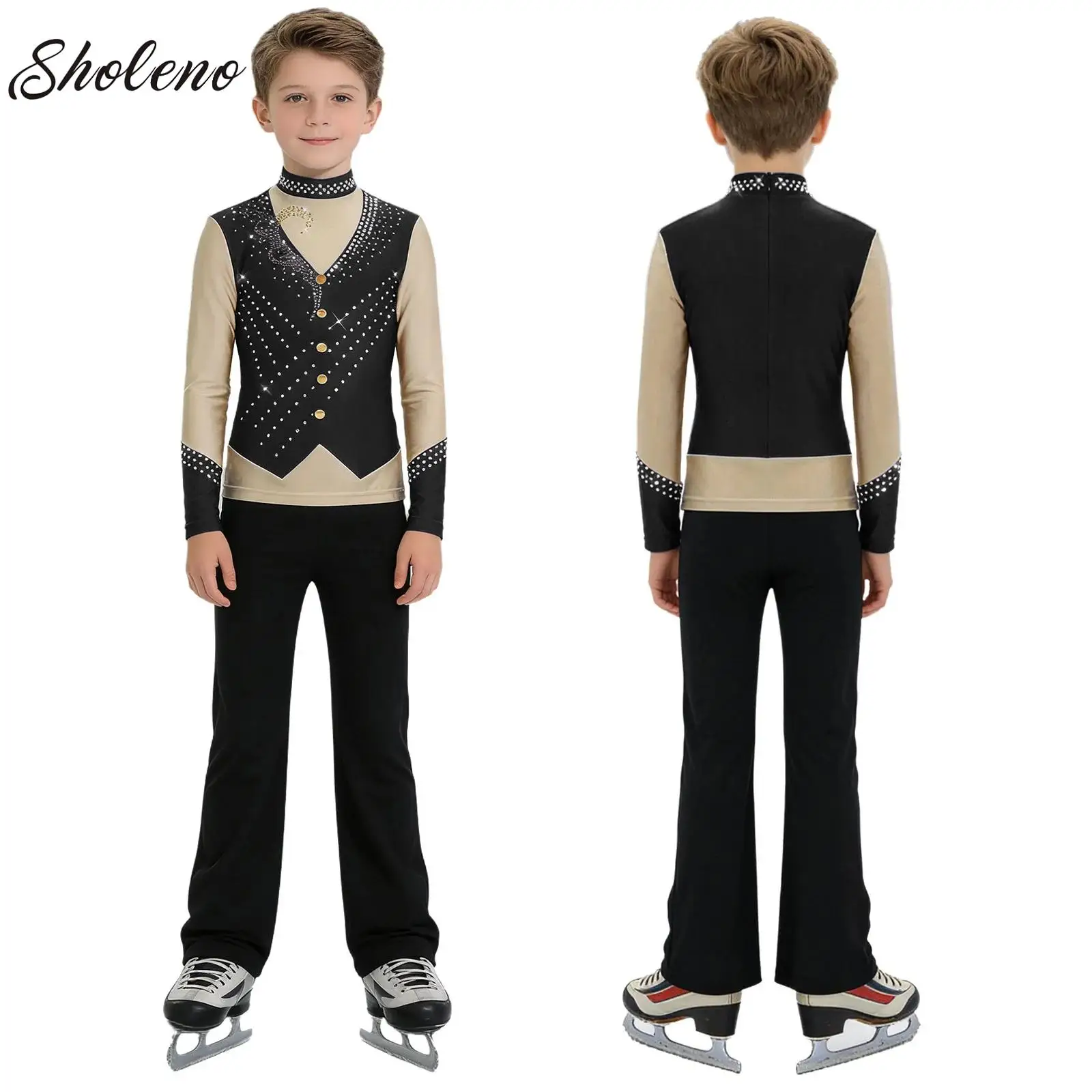 

Kid Boys Figure Skating Outfit Long Sleeve Shiny Rhinestones Top with Pants Ballerina Jazz Dance Performance Competition Costume