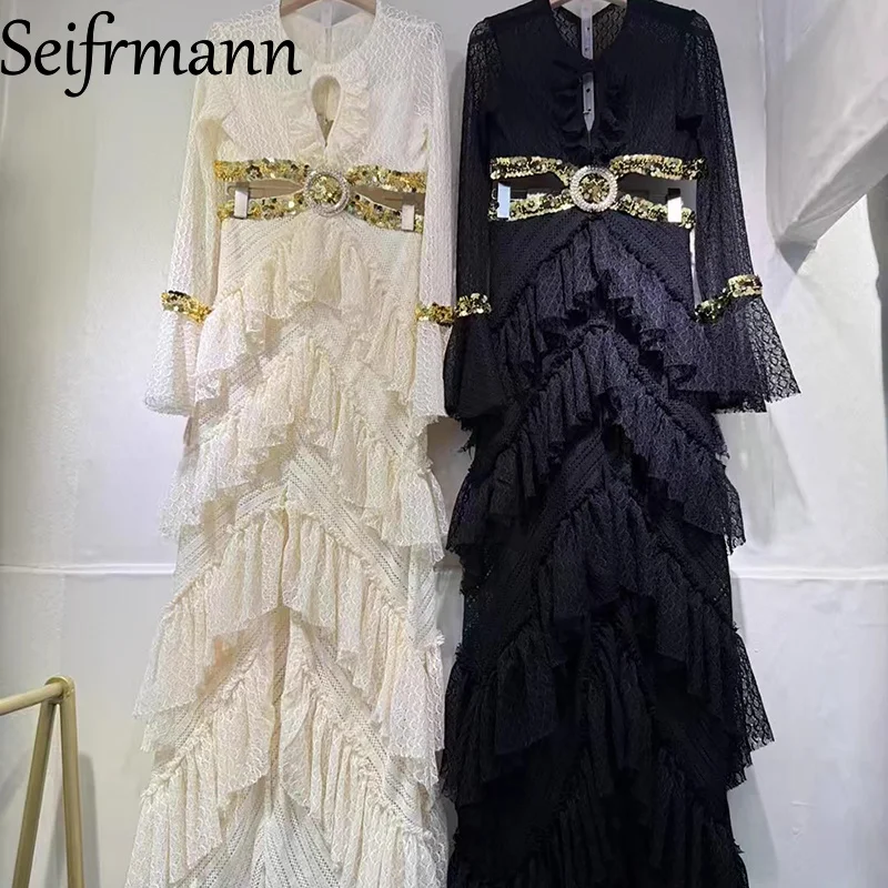 فستان استضافة مأدبة مسائية راقية من Seifrmann - فستان صيفي مطرز ومطرز بأكمام واسعة وشق وتصميم متعدد الطبقات