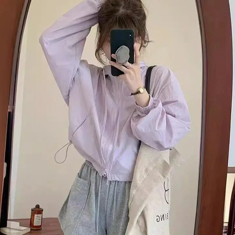 2025 여름 패션 자외선 차단 의류 여성 후드 긴팔 루즈핏 캐주얼 숏 재킷