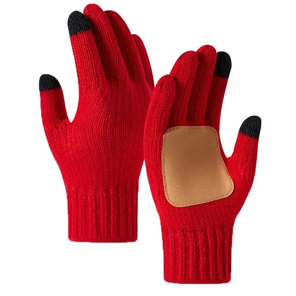Leather Patch Touchscreen Gloves Knitted Wool Solid Color Winter Knit Mittens Elastic Cuff Soft Texture Woolen Warm Gloves
